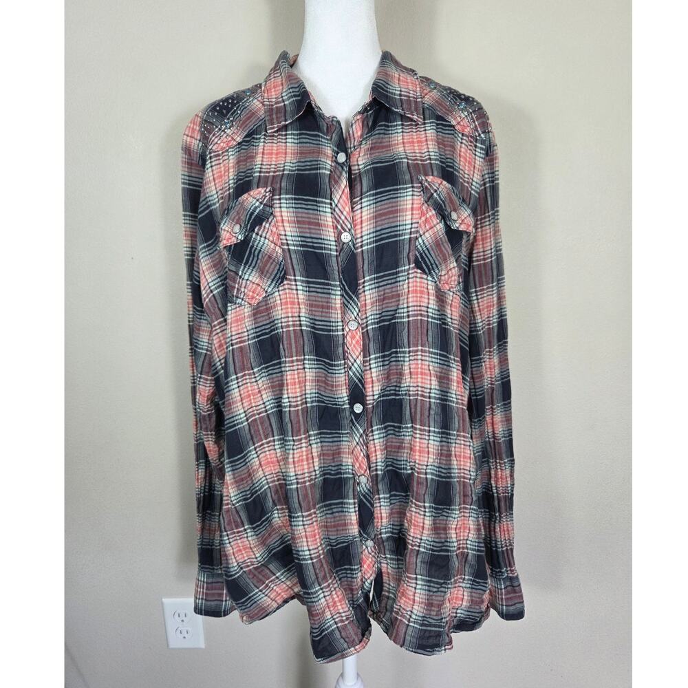 Harley-Davidson Studded Pearl Snap Orange & Black Plaid Shirt Size 2XL